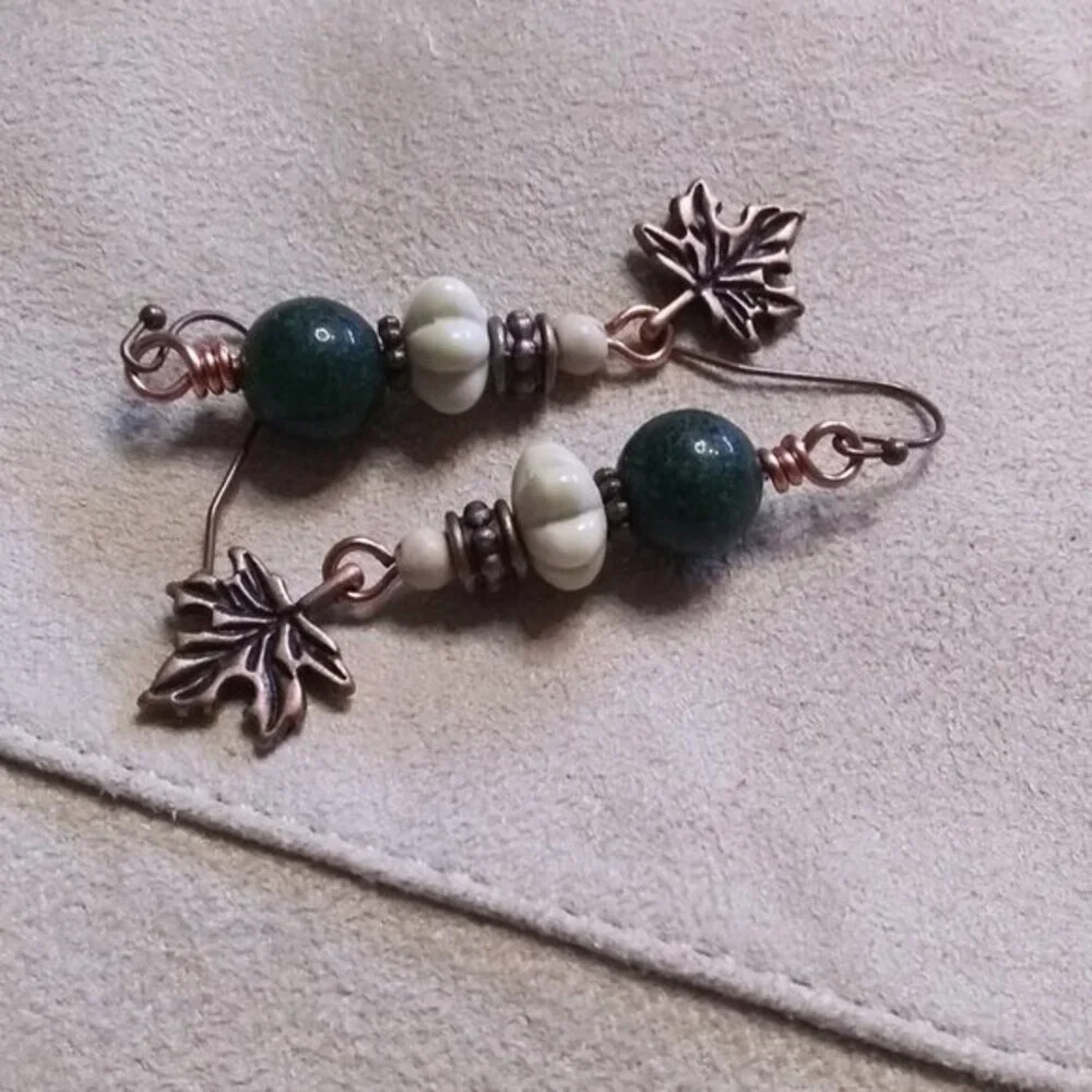 Copper Maple Leaf + Stone Beads Dangle Earrings | Fall Countrycore Cabincore - Picture 6 of 12
